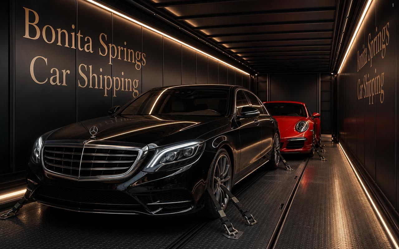 Classic and exotic vehicles secured inside a fully enclosed Bonita Springs Car Shipping trailer for protected auto transport
