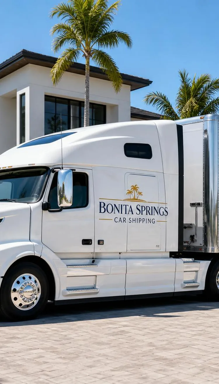 White Bonita Springs Car Shipping auto transport truck parked outside a luxury waterfront home in Bonita Springs, Florida
