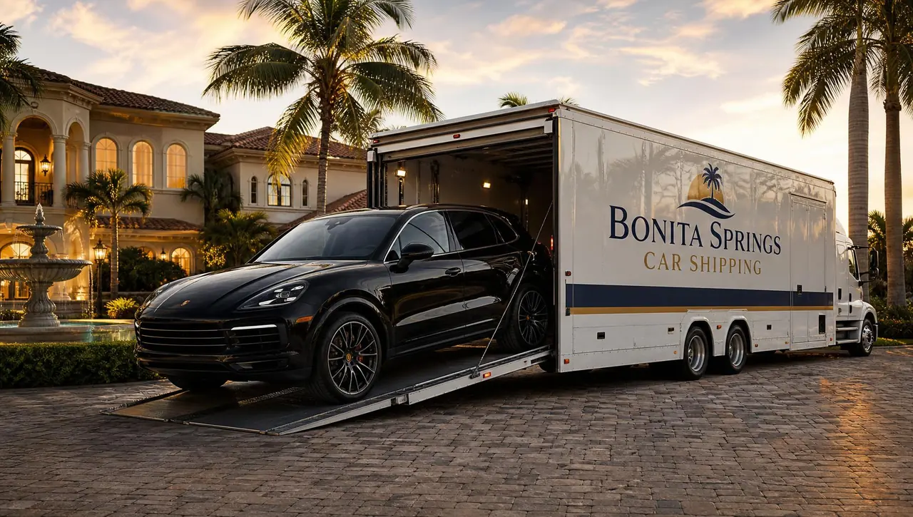 Bonita Springs Car Shipping truck performing door-to-door vehicle delivery at a residential home in Southwest Florida